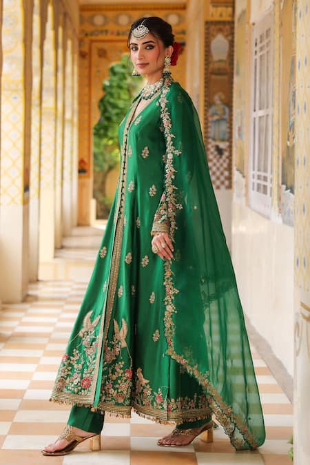 Shop_Label Niti Bothra_Green Silk, Tencel, Organza Embroidery V-neck Jacket Anarkali Set _Online_at_Aza_Fashions