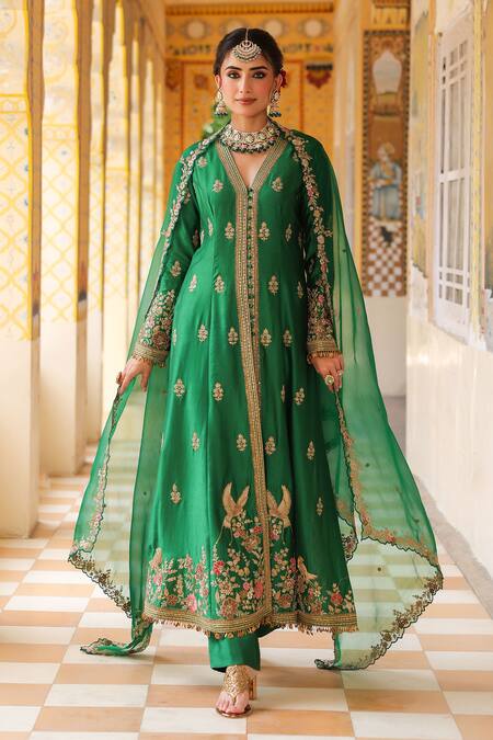 Label Niti Bothra_Green Silk, Tencel, Organza Embroidery V-neck Jacket Anarkali Set _at_Aza_Fashions