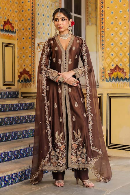 Label Niti Bothra Brown Jacket Anarkali Set 