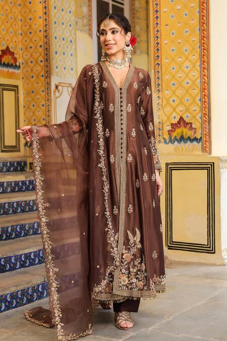 Label Niti Bothra_Brown Silk, Tencel, Organza Embroidery, Sequins V-neck Jacket Anarkali Set _Online_at_Aza_Fashions