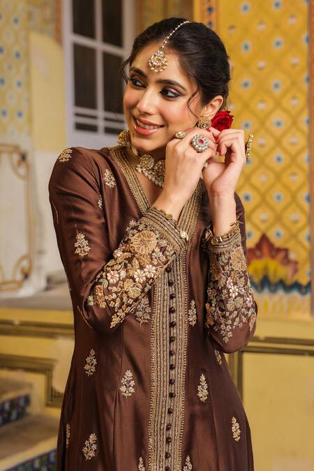 Buy_Label Niti Bothra_Brown Silk, Tencel, Organza Embroidery, Sequins V-neck Jacket Anarkali Set _Online_at_Aza_Fashions