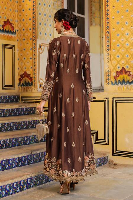 Shop_Label Niti Bothra_Brown Silk, Tencel, Organza Embroidery, Sequins V-neck Jacket Anarkali Set _Online_at_Aza_Fashions