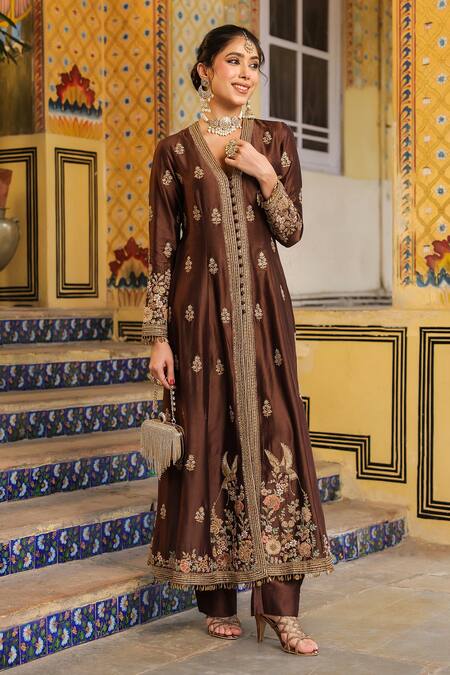 Label Niti Bothra_Brown Silk, Tencel, Organza Embroidery, Sequins V-neck Jacket Anarkali Set _at_Aza_Fashions
