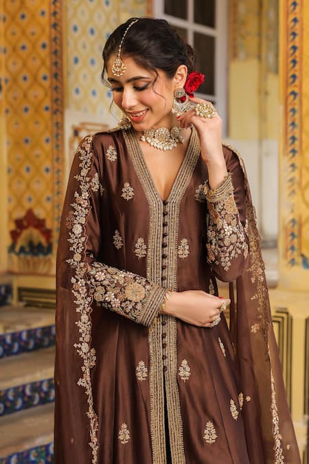 Buy_Label Niti Bothra_Brown Silk, Tencel, Organza Embroidery, Sequins V-neck Jacket Anarkali Set 