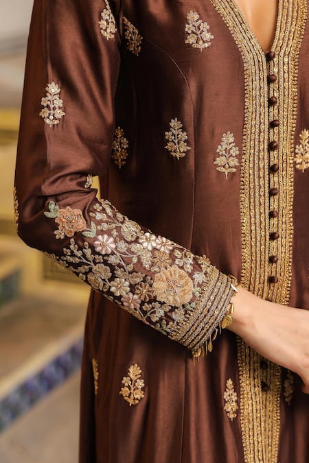 Shop_Label Niti Bothra_Brown Silk, Tencel, Organza Embroidery, Sequins V-neck Jacket Anarkali Set 