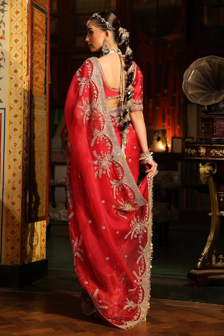 Label Niti Bothra Red Zardozi Embroidered Saree With Blouse 