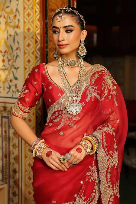 Label Niti Bothra_Red Organza, Silk Zari, Embroidery Leaf Neck Zardozi Saree With Blouse _Online_at_Aza_Fashions