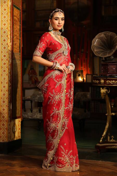 Buy_Label Niti Bothra_Red Organza, Silk Zari, Embroidery Leaf Neck Zardozi Saree With Blouse _Online_at_Aza_Fashions