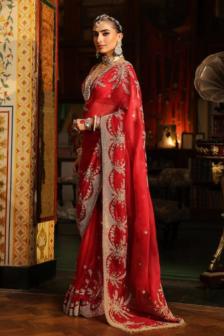 Shop_Label Niti Bothra_Red Organza, Silk Zari, Embroidery Leaf Neck Zardozi Saree With Blouse _Online_at_Aza_Fashions