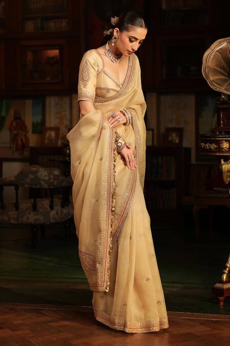 Shop_Label Niti Bothra_Ivory , , Embroidery, Patti Buta Saree With Blouse _Online_at_Aza_Fashions
