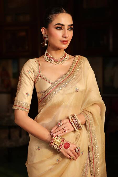 Label Niti Bothra_Ivory , , Embroidery, Patti Buta Saree With Blouse _at_Aza_Fashions