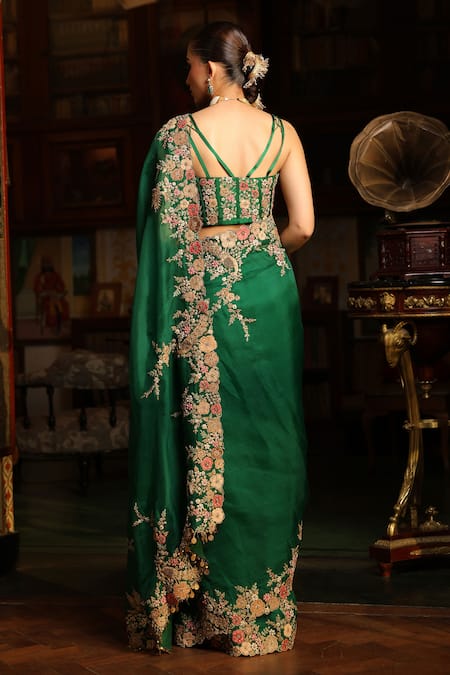 Label Niti Bothra Green Mayur Applique Cutwork Saree With Blouse 