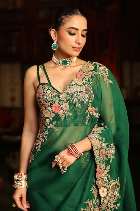 Label Niti Bothra_Green , , Applique, Mayur Cutwork Saree With Blouse _Online_at_Aza_Fashions