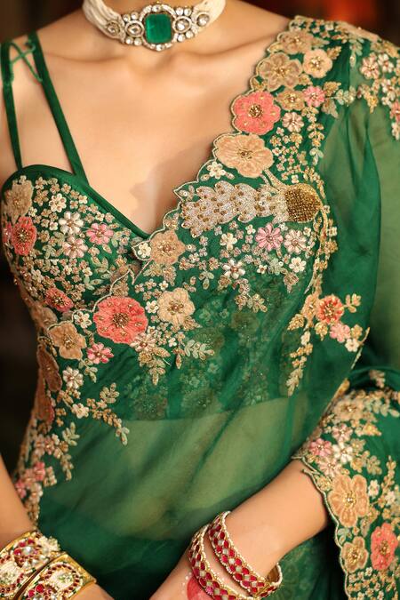 Shop_Label Niti Bothra_Green , , Applique, Mayur Cutwork Saree With Blouse _Online_at_Aza_Fashions