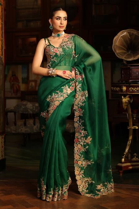 Label Niti Bothra_Green , , Applique, Mayur Cutwork Saree With Blouse _at_Aza_Fashions