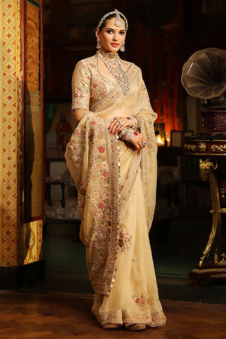 Label Niti Bothra_Ivory , , Applique, Embroidery, Mayur Saree With Blouse _Online_at_Aza_Fashions