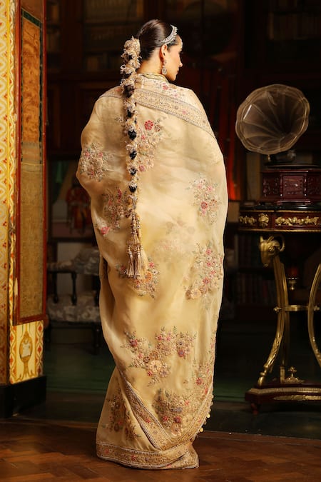 Label Niti Bothra Ivory Mayur Applique Saree With Blouse 