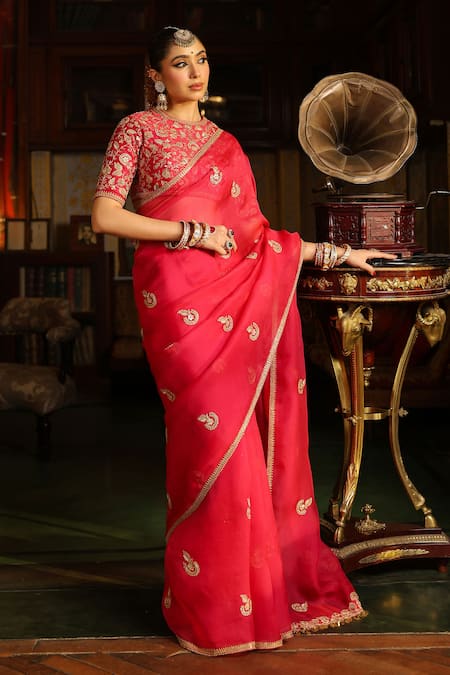 Label Niti Bothra_Pink , , Zari, Gota Patti Work Saree With Blouse _Online_at_Aza_Fashions