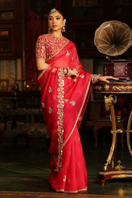 Buy_Label Niti Bothra_Pink , , Zari, Gota Patti Work Saree With Blouse _Online_at_Aza_Fashions