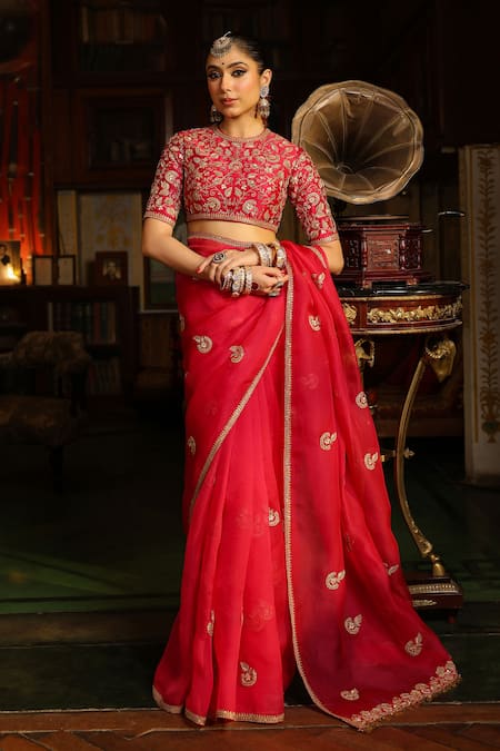 Shop_Label Niti Bothra_Pink , , Zari, Gota Patti Work Saree With Blouse _Online_at_Aza_Fashions