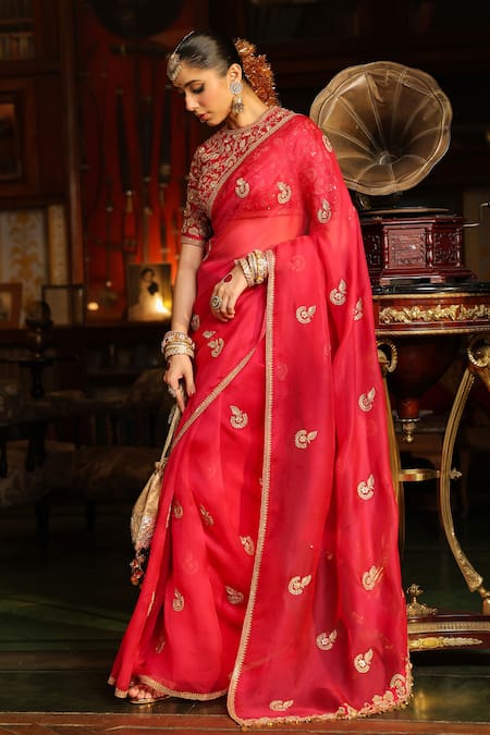 Label Niti Bothra_Pink , , Zari, Gota Patti Work Saree With Blouse _at_Aza_Fashions