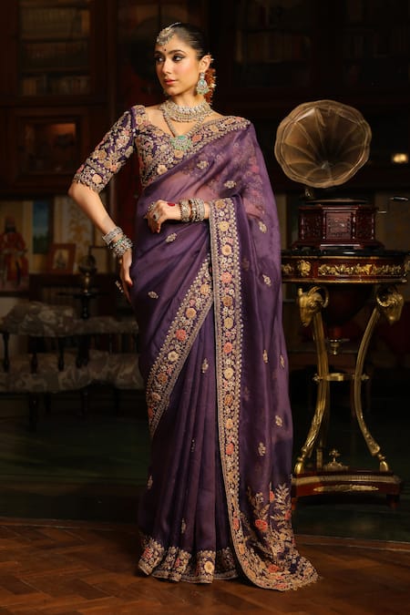 Label Niti Bothra Purple Mayur Applique Border Saree With Blouse 
