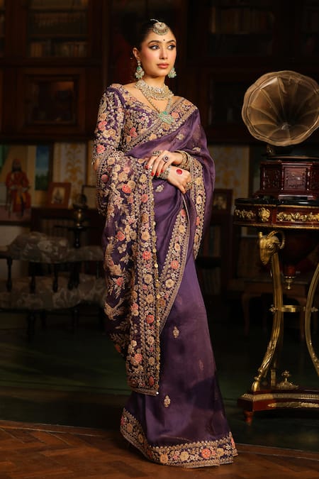 Label Niti Bothra_Purple Organza, Silk Applique, Embroidery, Mayur Border Saree With Blouse _Online_at_Aza_Fashions
