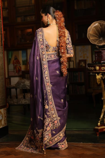 Label Niti Bothra Purple Mayur Applique Border Saree With Blouse 