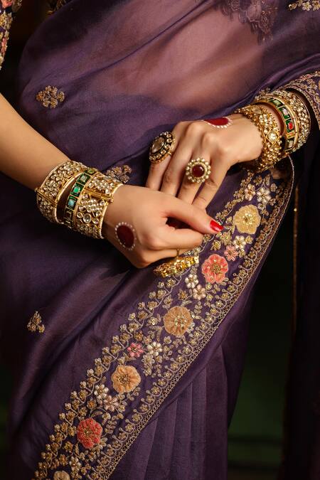 Buy_Label Niti Bothra_Purple Organza, Silk Applique, Embroidery, Mayur Border Saree With Blouse _Online_at_Aza_Fashions