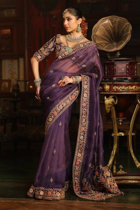 Shop_Label Niti Bothra_Purple Organza, Silk Applique, Embroidery, Mayur Border Saree With Blouse _Online_at_Aza_Fashions