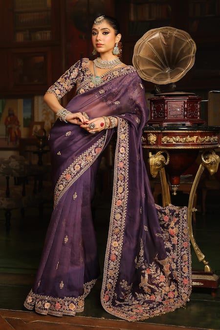 Label Niti Bothra_Purple Organza, Silk Applique, Embroidery, Mayur Border Saree With Blouse _at_Aza_Fashions