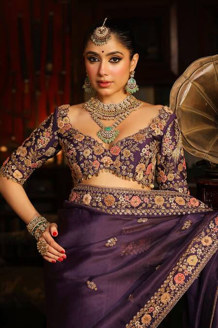 Buy_Label Niti Bothra_Purple Organza, Silk Applique, Embroidery, Mayur Border Saree With Blouse 
