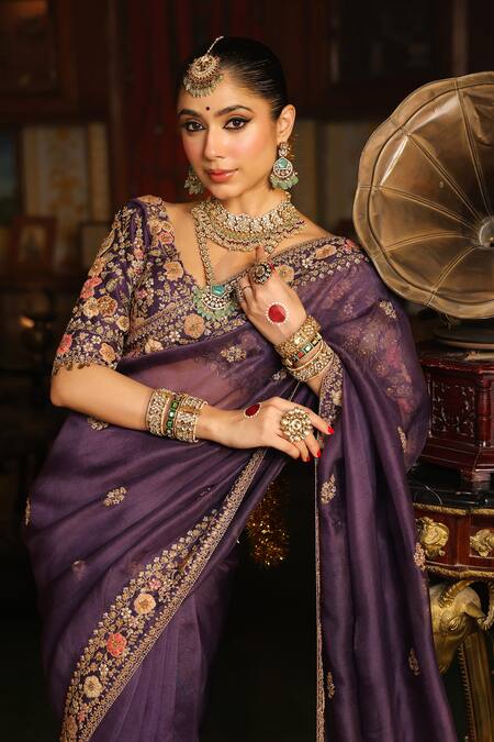 Shop_Label Niti Bothra_Purple Organza, Silk Applique, Embroidery, Mayur Border Saree With Blouse 