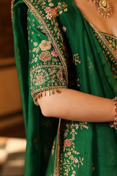 Label Niti Bothra_Green Silk, Organza Embroidery, Sequins, Tassels, Applique, Mayur Lehenga Set _Online_at_Aza_Fashions