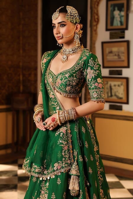 Buy_Label Niti Bothra_Green Silk, Organza Embroidery, Sequins, Tassels, Applique, Mayur Lehenga Set _Online_at_Aza_Fashions