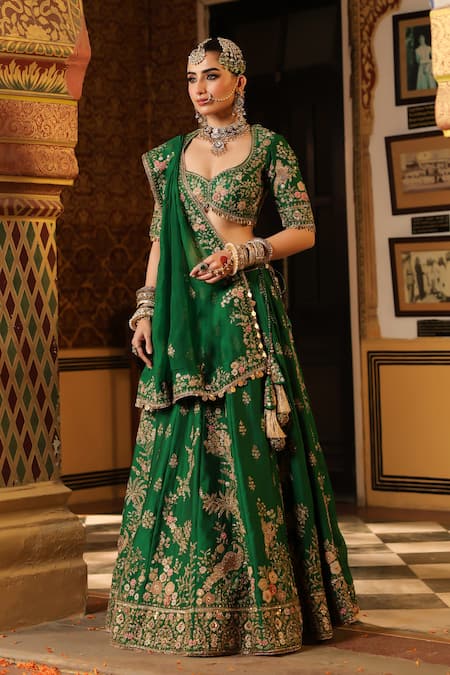 Shop_Label Niti Bothra_Green Silk, Organza Embroidery, Sequins, Tassels, Applique, Mayur Lehenga Set _Online_at_Aza_Fashions