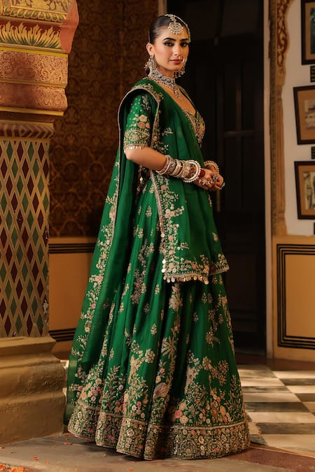 Label Niti Bothra_Green Silk, Organza Embroidery, Sequins, Tassels, Applique, Mayur Lehenga Set _at_Aza_Fashions