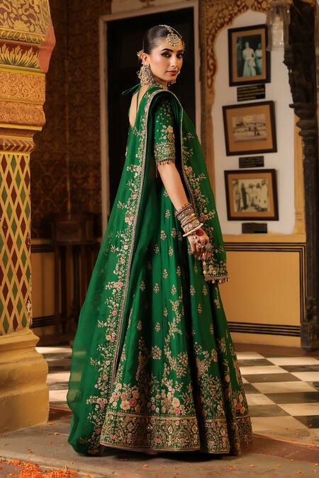 Buy_Label Niti Bothra_Green Silk, Organza Embroidery, Sequins, Tassels, Applique, Mayur Lehenga Set 
