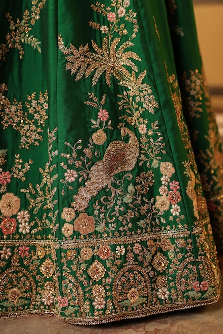 Shop_Label Niti Bothra_Green Silk, Organza Embroidery, Sequins, Tassels, Applique, Mayur Lehenga Set 