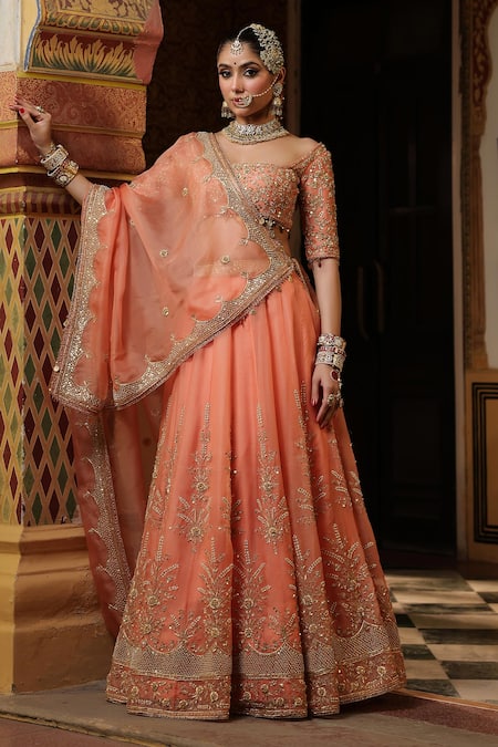 Shop_Label Niti Bothra_Peach Organza Zari, Pearls, Sequins, Embroidery, Tassels Zardozi Lehenga Set _Online_at_Aza_Fashions