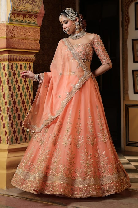 Label Niti Bothra_Peach Organza Zari, Pearls, Sequins, Embroidery, Tassels Zardozi Lehenga Set _at_Aza_Fashions