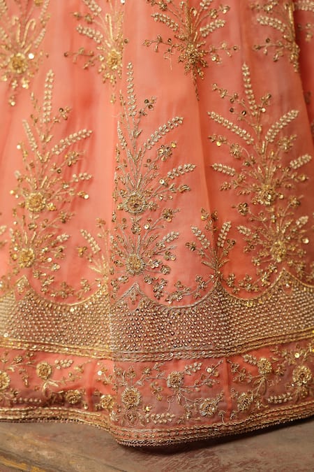 Buy_Label Niti Bothra_Peach Organza Zari, Pearls, Sequins, Embroidery, Tassels Zardozi Lehenga Set 