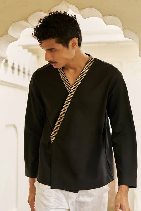 Dash And Dot_Black Polyester, Viscose, Spandex Metallic Thread, Overlap V-neck Shirt  _Online_at_Aza_Fashions