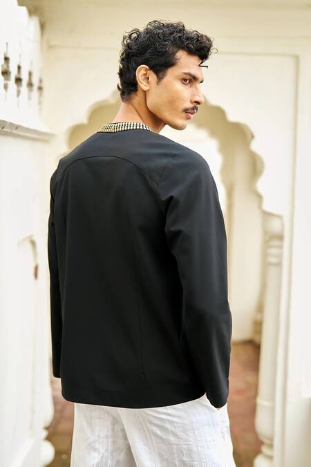 Buy_Dash And Dot_Black Polyester, Viscose, Spandex Metallic Thread, Overlap V-neck Shirt  _Online_at_Aza_Fashions