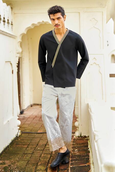 Shop_Dash And Dot_Black Polyester, Viscose, Spandex Metallic Thread, Overlap V-neck Shirt  _Online_at_Aza_Fashions