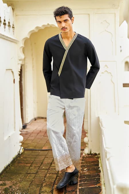 Shop_Dash And Dot_Ivory Brocade, Silk Benares Border Pant _Online_at_Aza_Fashions