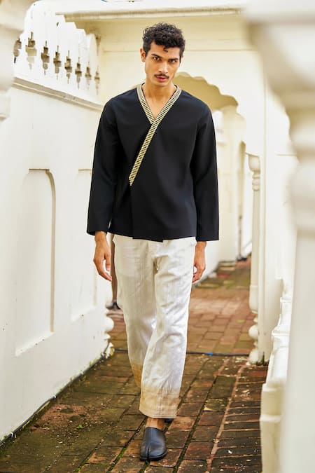 Dash And Dot_Ivory Brocade, Silk Benares Border Pant _at_Aza_Fashions