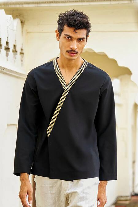 Dash And Dot Black Cotton, Polyester, Viscose, Spandex Brocade Patch Shirt And Pant Set Online at Aza Fashions Dash And Dot_Black Cotton, Polyester, Viscose, Spandex Brocade Patch Shirt And Pant Set _Online_at_Aza_Fashions