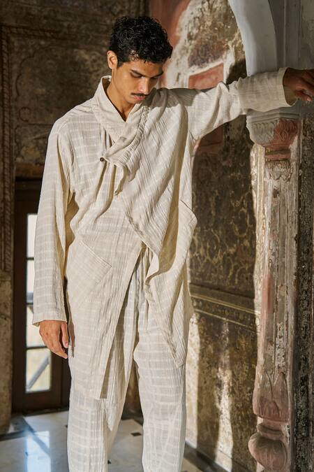 Shop Dash And Dot Ivory Cotton Textured Cotton-linen Longline Shirt And Pant Set Online at Aza Fashions Shop_Dash And Dot_Ivory Cotton Textured Cotton-linen Longline Shirt And Pant Set _Online_at_Aza_Fashions
