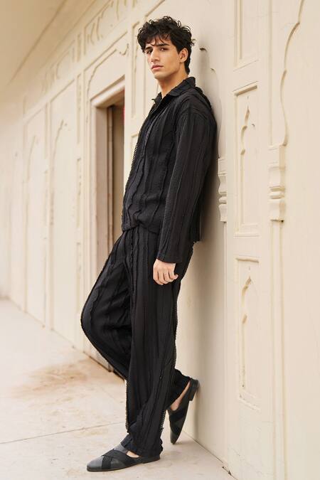 Buy_Dash And Dot_Black Cotton Textured Pintuck And Raw Edge Organic Shirt _Online_at_Aza_Fashions